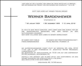 Traueranzeige von Werner Bardenhewer von vrm-trauer