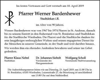 Traueranzeige von Werner Bardenhewer von vrm-trauer