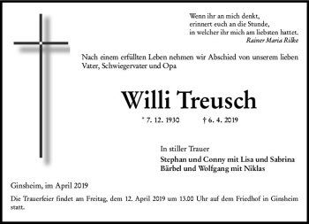 Traueranzeige von Willi Treusch von vrm-trauer