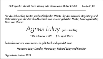 Traueranzeige von Agnes Lulay von vrm-trauer