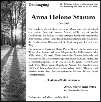 Traueranzeige von Anna Helene Stamm von vrm-trauer