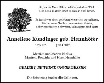 Traueranzeige von Anneliese Kundinger von vrm-trauer