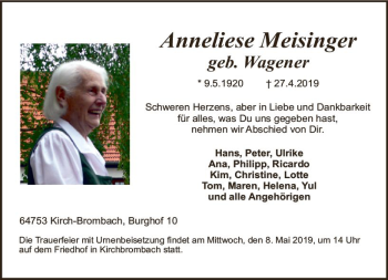 Traueranzeige von Anneliese Meisinger von vrm-trauer