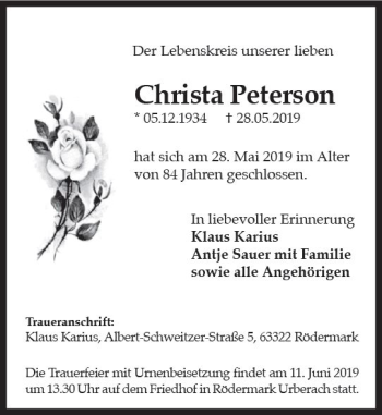 Traueranzeige von Christa Peterson von vrm-trauer