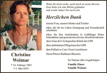 Traueranzeige von Christine Weimar von vrm-trauer