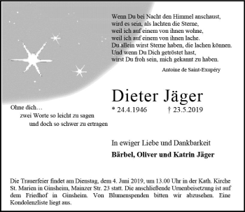 Traueranzeige von Dieter Jäger von vrm-trauer