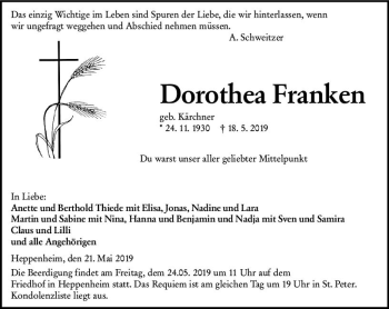 Traueranzeige von Dorothea Franken von vrm-trauer