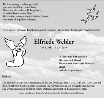 Traueranzeige von Elfriede Webler von vrm-trauer