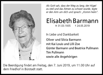 Traueranzeige von Elisabeth Barmann von vrm-trauer