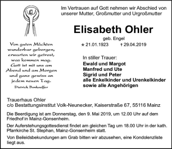 Traueranzeige von Elisabeth Ohler von vrm-trauer