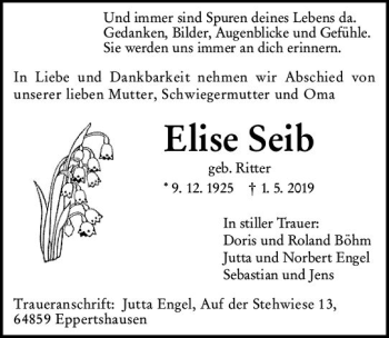 Traueranzeige von Elise Seib von vrm-trauer