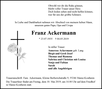 Traueranzeige von Franz Ackermann von vrm-trauer