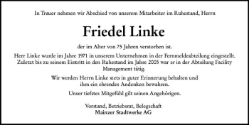 Traueranzeige von Friedel Linke von vrm-trauer