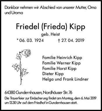 Traueranzeige von Friedel Frieda Kipp von vrm-trauer