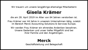 Traueranzeige von Gisela Krämer von vrm-trauer
