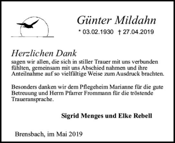 Traueranzeige von Günter Mildahn von vrm-trauer