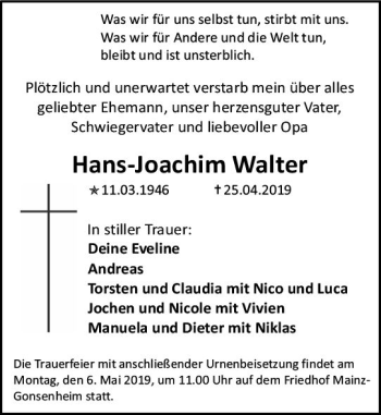 Traueranzeige von Hans-Joachim Walter von vrm-trauer