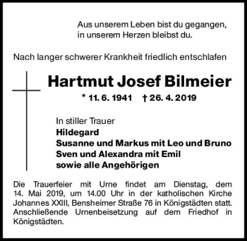 Traueranzeige von Hartmut Josef Bilmeier von vrm-trauer