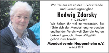 Traueranzeige von Hedwig Zdarski von vrm-trauer