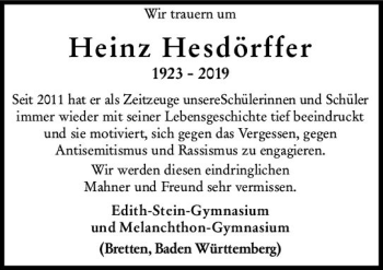Traueranzeige von Heinz Hesdörffer von vrm-trauer
