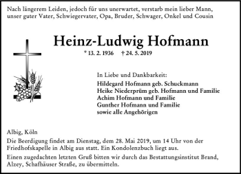 Traueranzeige von Heinz-Ludwig Hofmann von vrm-trauer