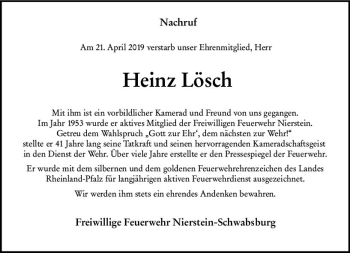 Traueranzeige von Heinz Lösch von vrm-trauer
