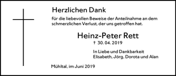 Traueranzeige von Heinz-Peter Rett von vrm-trauer