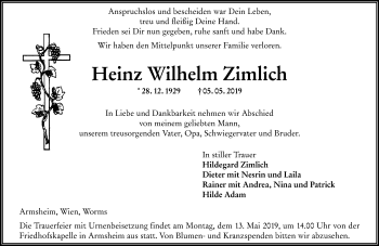 Traueranzeige von Heinz Wilhelm Zimlich von vrm-trauer