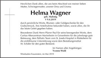 Traueranzeige von Helma Wagner von vrm-trauer