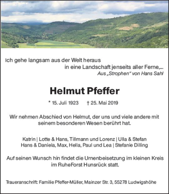 Traueranzeige von Helmut Pfeffer von vrm-trauer