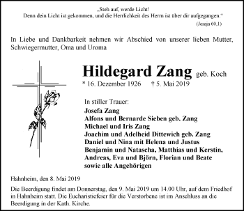 Traueranzeige von Hildegard Zang von vrm-trauer