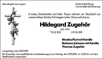 Traueranzeige von Hildegard Zugehör von vrm-trauer