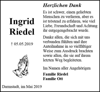 Traueranzeige von Ingrid Riedel von vrm-trauer