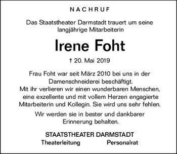 Traueranzeige von Irene Foht von vrm-trauer