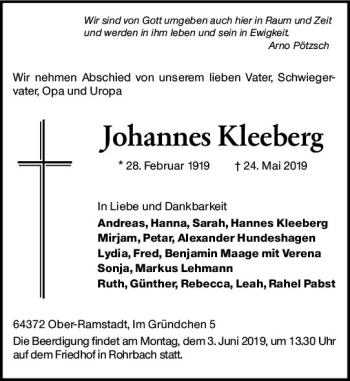 Traueranzeige von Johannes Kleeberg von vrm-trauer