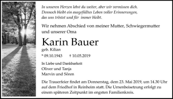 Traueranzeige von Karin Bauer von vrm-trauer