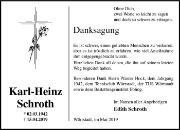 Traueranzeige von Karl-Heinz Schroth von vrm-trauer