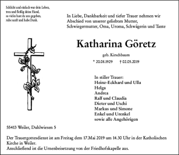 Traueranzeige von Katharina Göretz von vrm-trauer