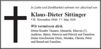 Traueranzeige von Klaus-Dieter Sittinger von vrm-trauer