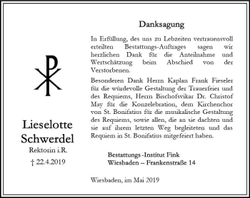 Traueranzeige von Lieselotte Schwerdel von vrm-trauer