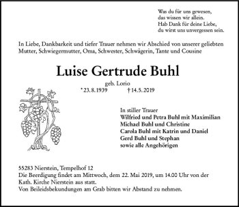 Traueranzeige von Luise Gertrude Buhl von vrm-trauer