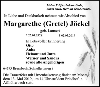 Traueranzeige von Margarethe Gretel Jöckel von vrm-trauer