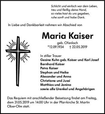 Traueranzeige von Maria Kaiser von vrm-trauer