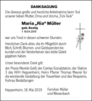 Traueranzeige von Maria Müller von vrm-trauer
