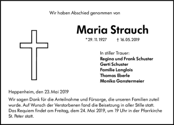 Traueranzeige von Maria Strauch von vrm-trauer