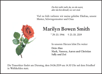 Traueranzeige von Marilyn Bowen Smith von vrm-trauer