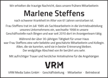 Traueranzeige von Marlene Steffens von vrm-trauer
