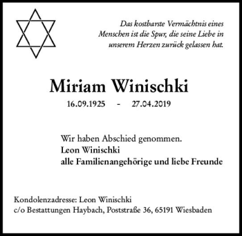 Traueranzeige von Miriam Winischki von vrm-trauer