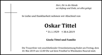 Traueranzeige von Oskar Tittel von vrm-trauer