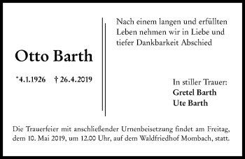 Traueranzeige von Otto Barth von vrm-trauer